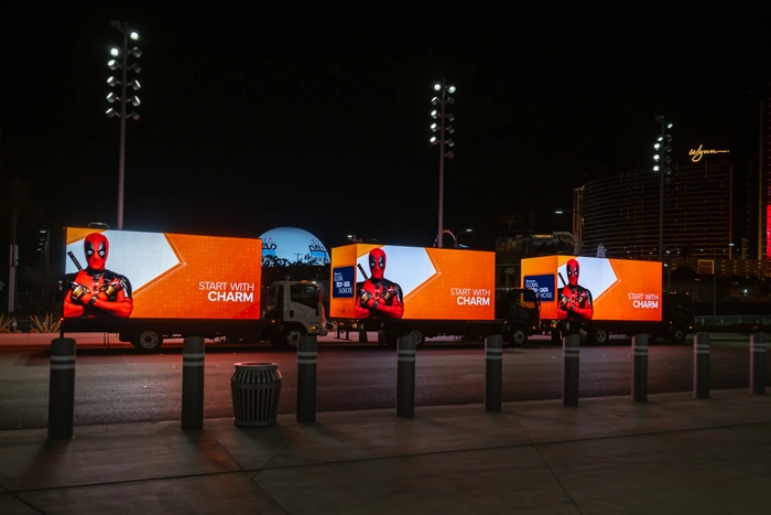 Las Vegas mobile billboard trucks displaying Deadpool campaign near the Wynn